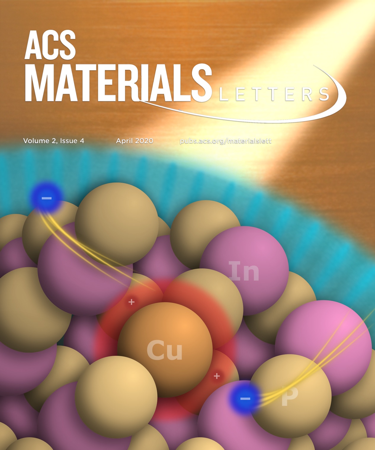Cover art: a copper atom (orange) doped into an indium phosphide lattice of tan and violet spheres, with blue electrons streaking toward a probe tip under the ACS Materials Letters masthead.