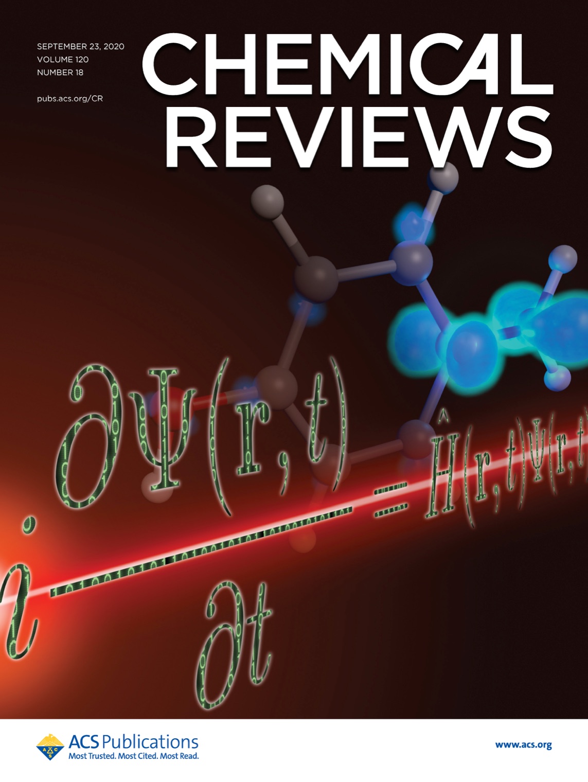 Cover art: a ball-and-stick molecule wreathed in the glowing handwritten time-dependent Schrödinger equation on a deep-red field, under the Chemical Reviews masthead.