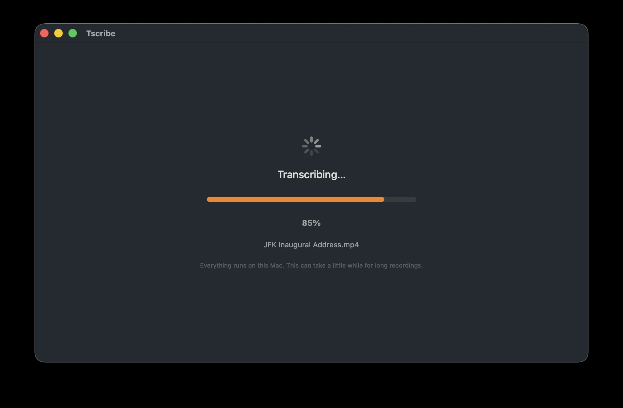 Tscribe transcribing a video on-device, with a progress bar at 85 percent
