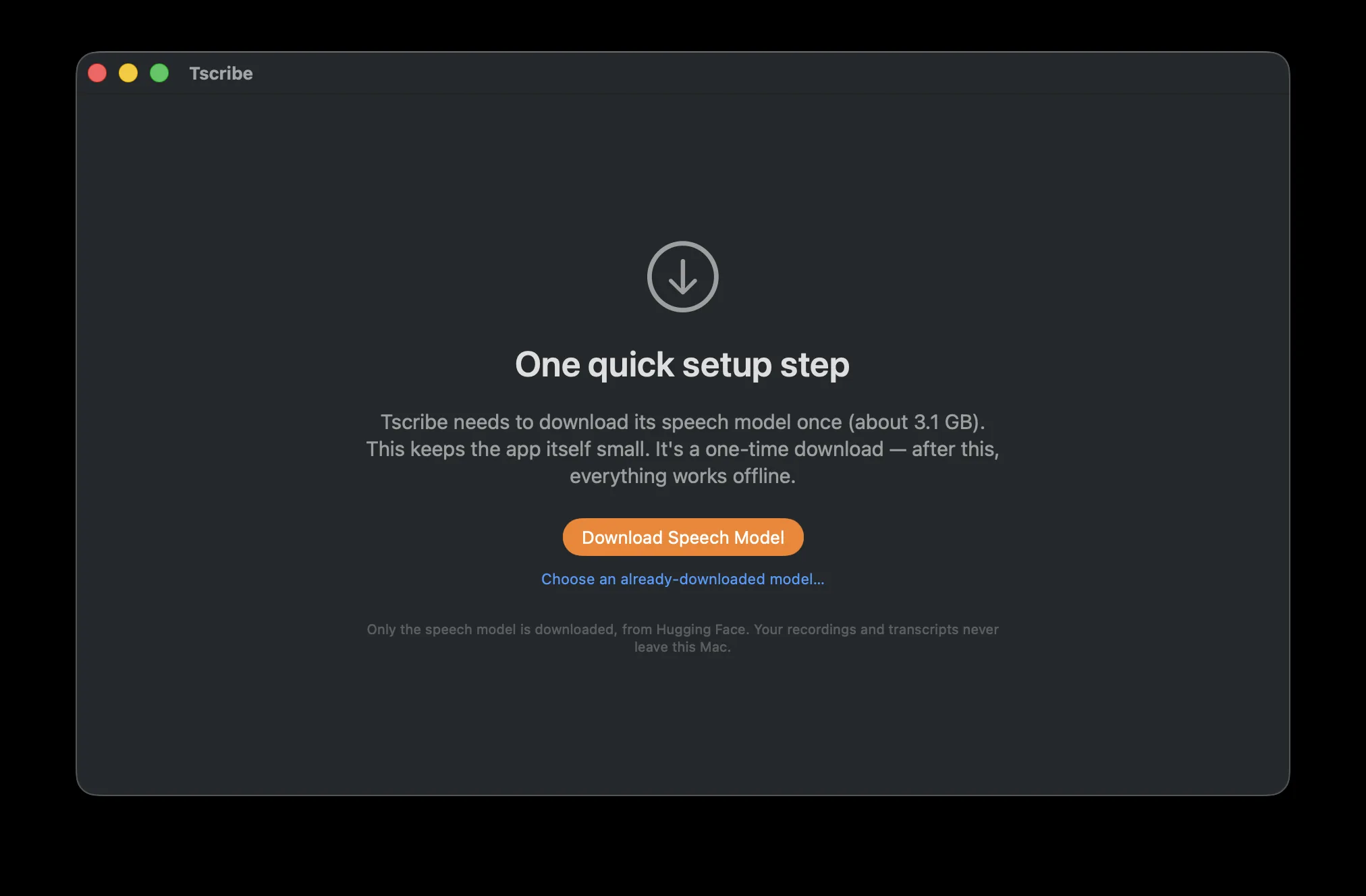 Tscribe's one-time setup screen offering to download its speech model