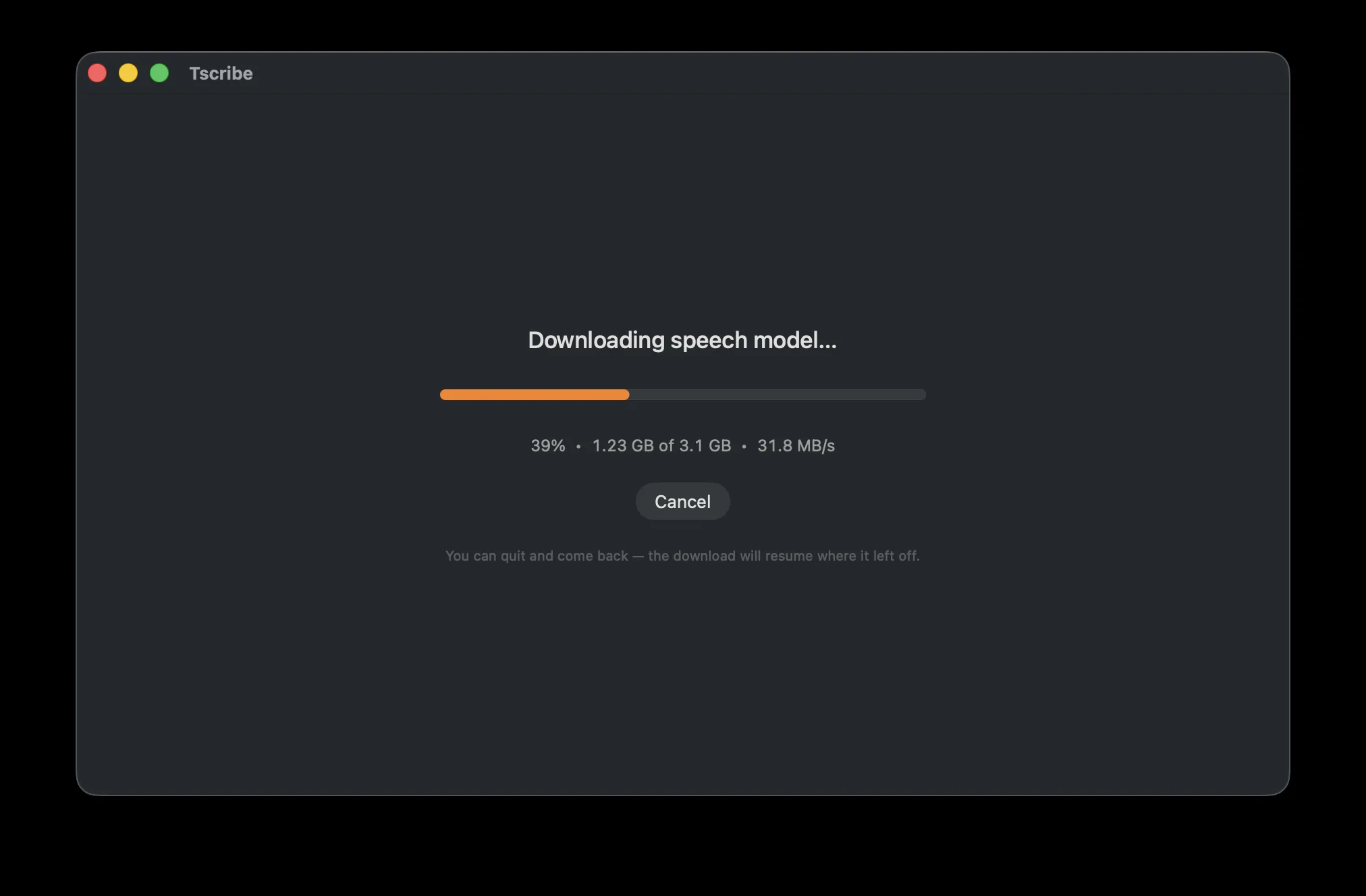 Tscribe downloading its speech model with a resumable progress bar