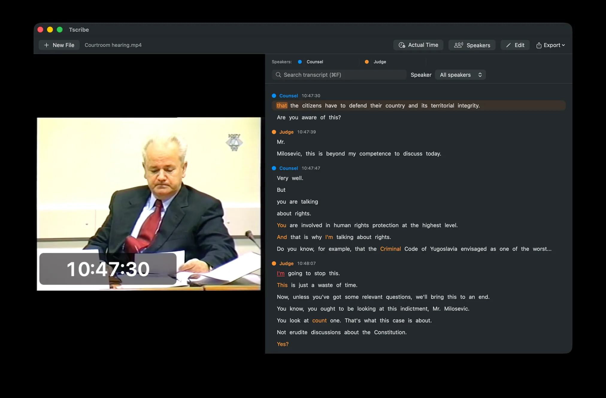 A Tscribe transcript rendered as color-coded dialogue turns, each speaker identified on-device and named in the roster strip