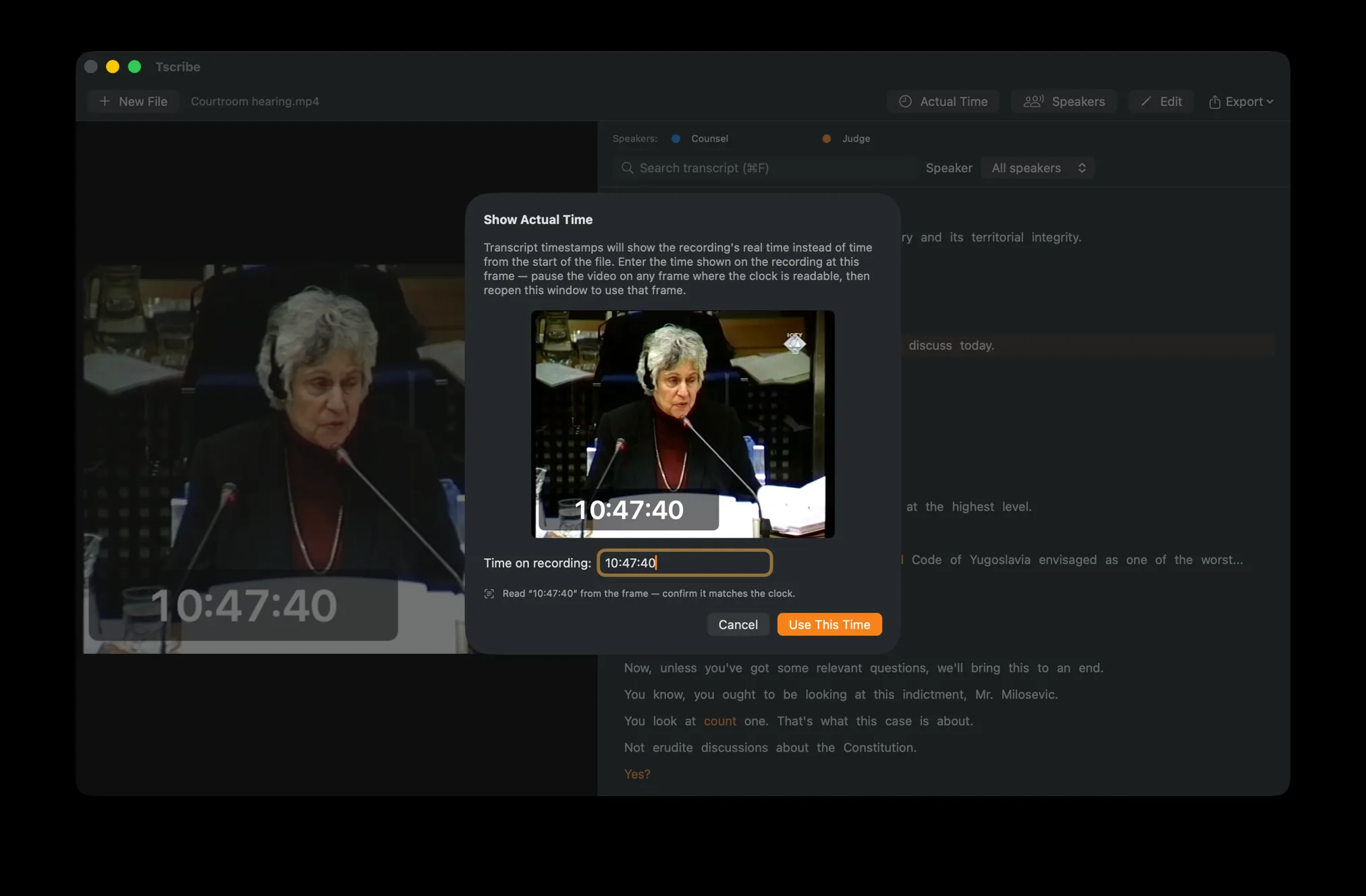 Tscribe reading a courtroom recording's on-screen clock with on-device OCR to anchor the transcript's timestamps to real time