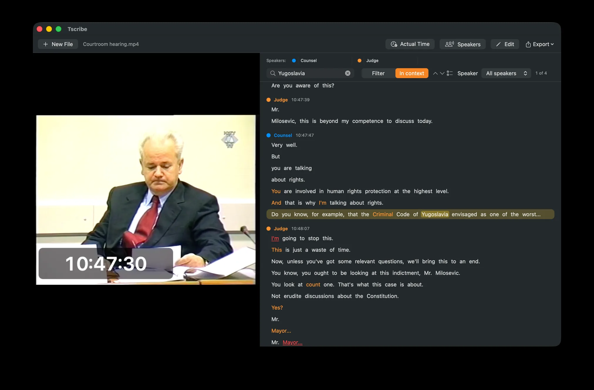 Tscribe searching a transcript in context — every match highlighted, a match counter, and a per-speaker filter