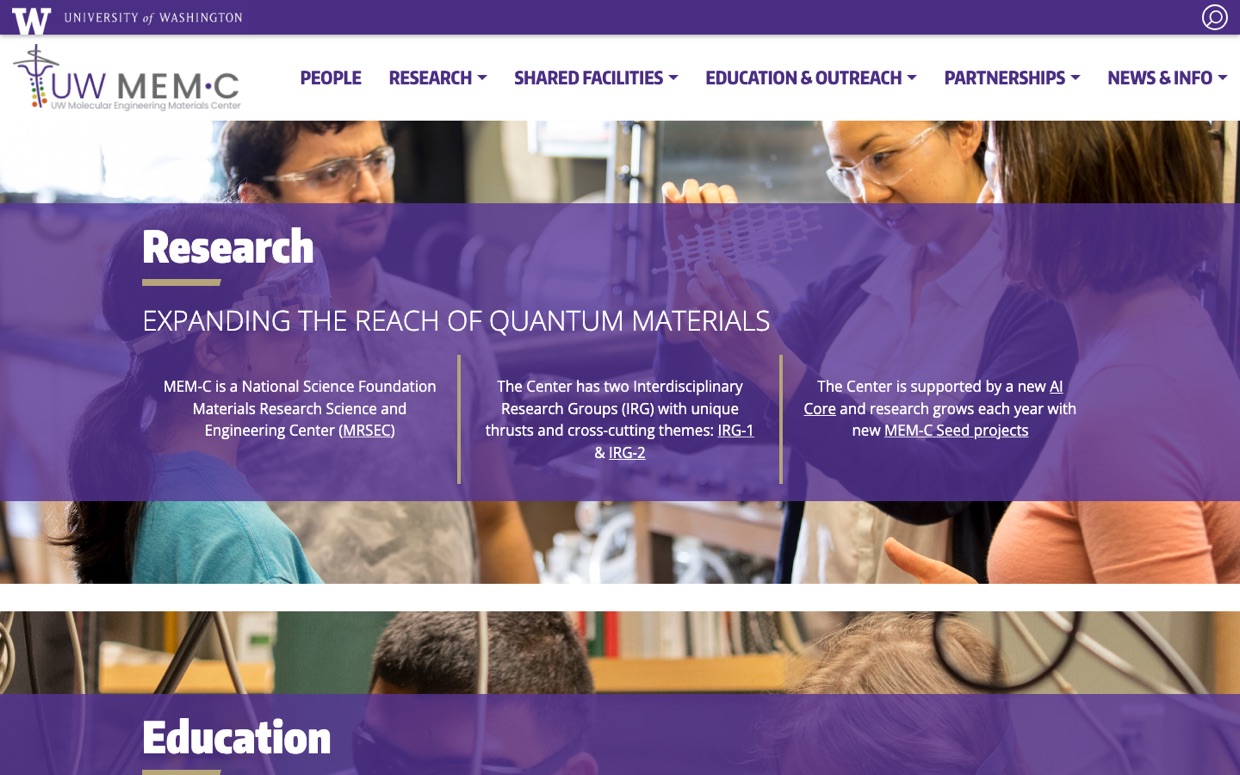 UW MEM·C homepage: a purple University of Washington header over a Research band reading 'Expanding the reach of quantum materials', with lab photos behind.