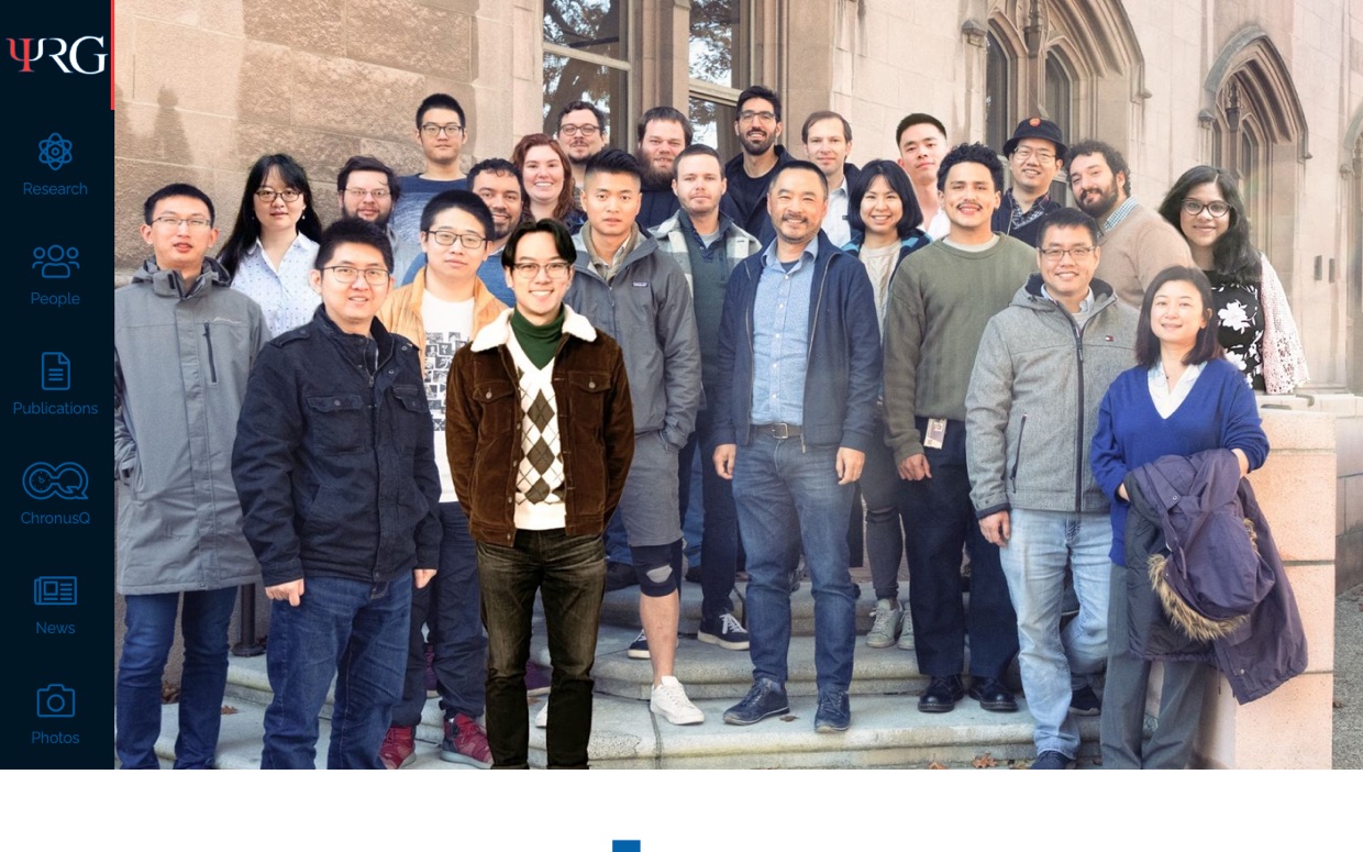 Li Research Group homepage: a dark icon sidebar (Research, People, Publications, ChronusQ, News, Photos) beside a full-bleed group photo on the steps of a stone building.
